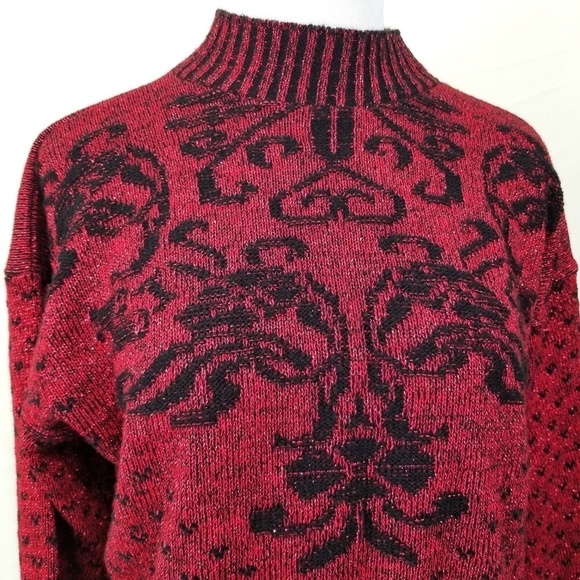 Vintage Sweater Black and Red Damask Metallic - Picture 3 of 6